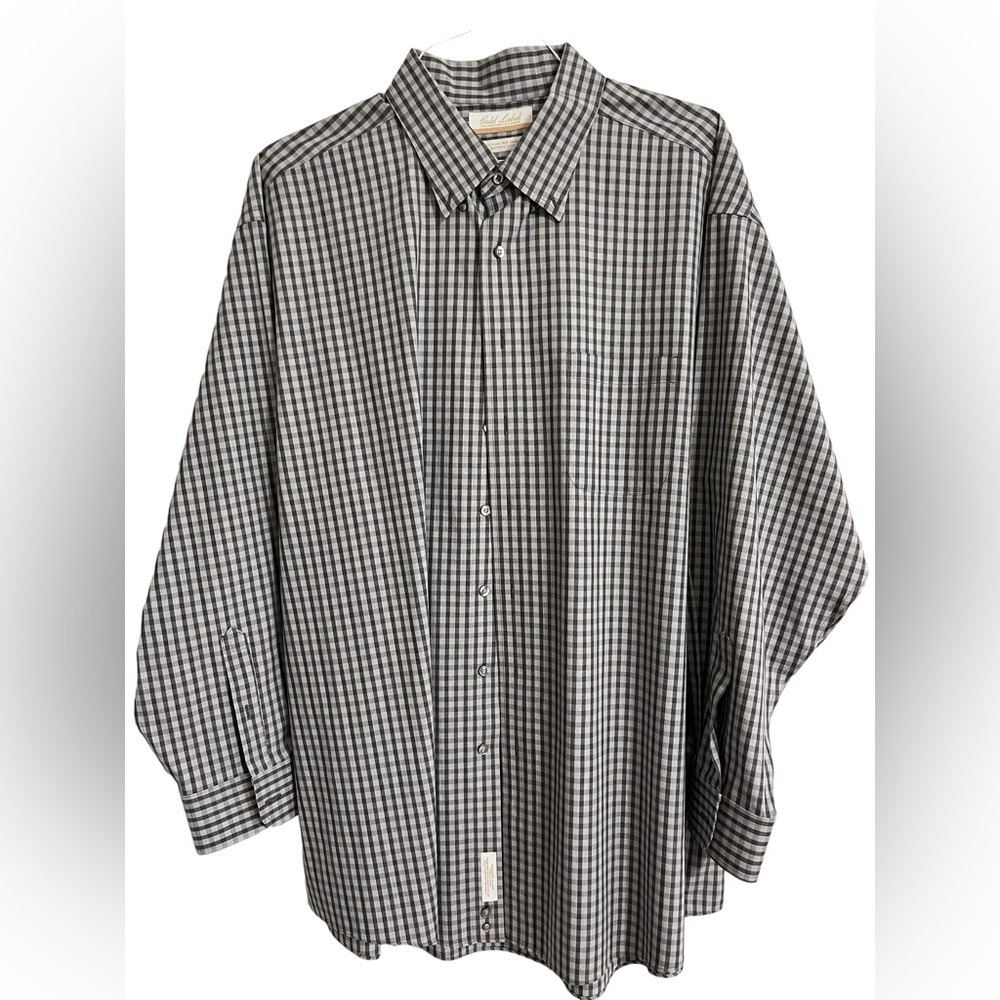 Men's Size 17.5 XL Roundtree & Yorke Black & Gray Checkered Cotton Oxford